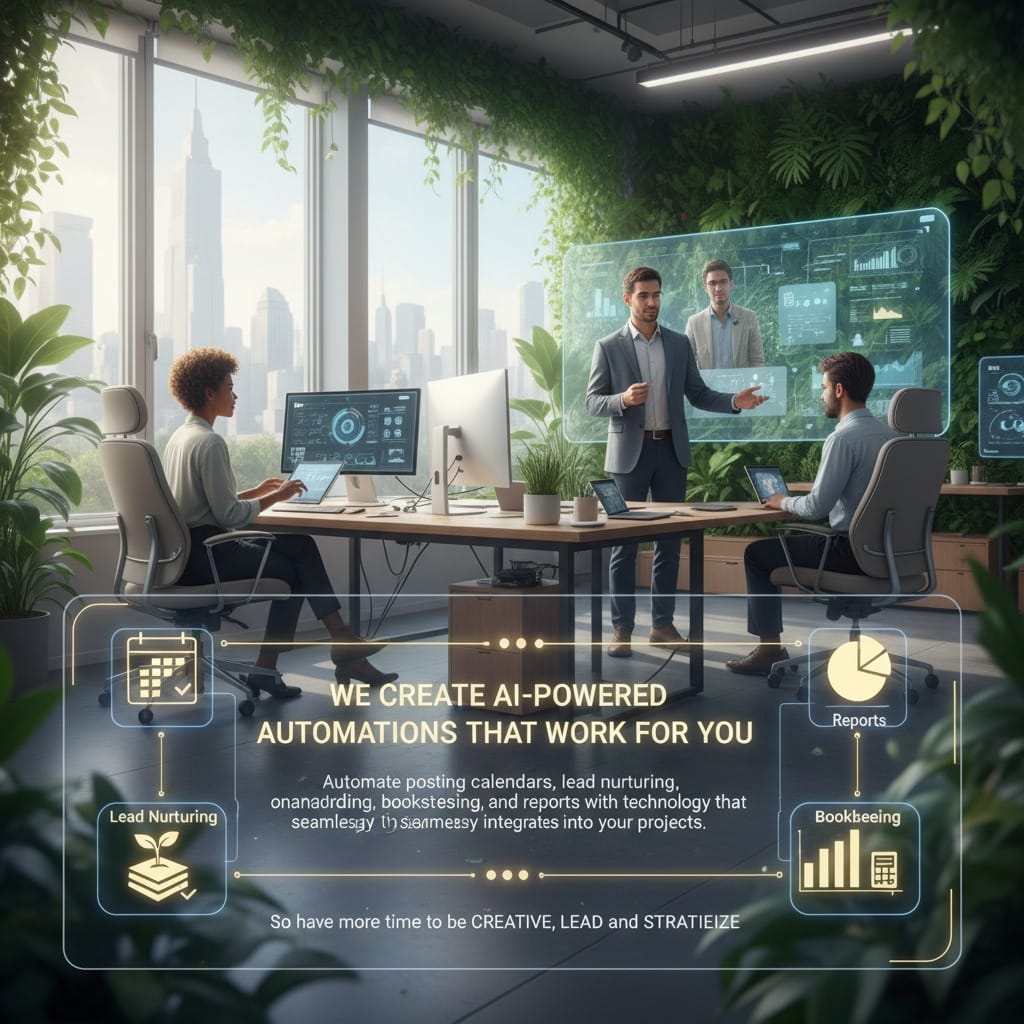 A modern office with greenery and city views, where three people discuss data on screens. Overlaid text reads: “We create AI-powered automations with a culture-first AI strategy” alongside icons for reports, lead nurturing, and bookkeeping.