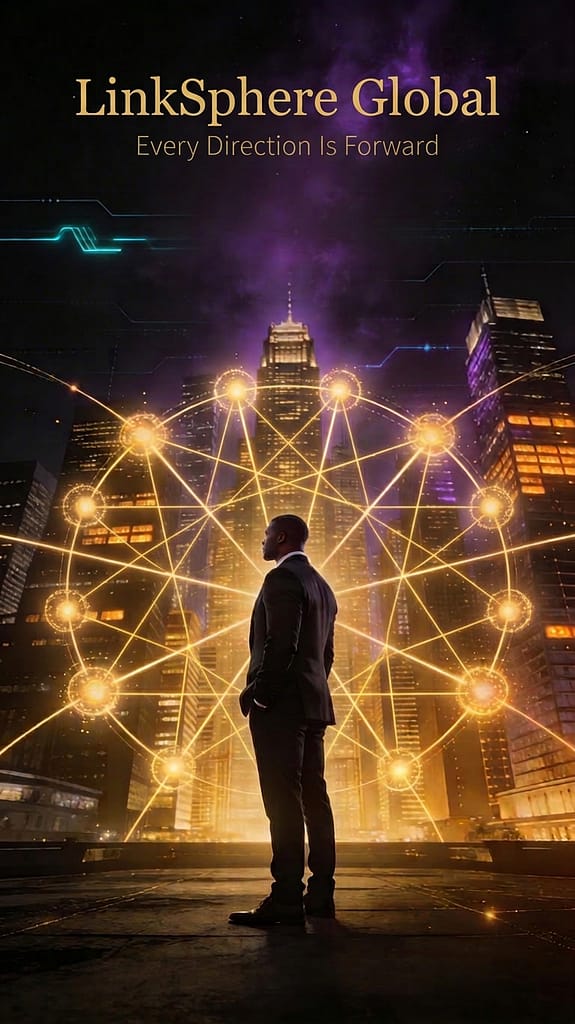 A man in a suit stands before a glowing network sphere with interconnected points, set against a city skyline at night. Text reads “LinkSphere Global,” highlighting AI for Black entrepreneurs and the idea that “Every Direction Is Forward.”.